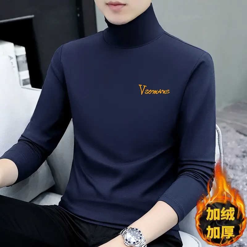 Men Navy Fleece Long Sleeve T-Shirt with Half-High Collar - Image 33