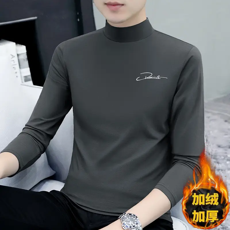 Men Navy Fleece Long Sleeve T-Shirt with Half-High Collar - Image 4