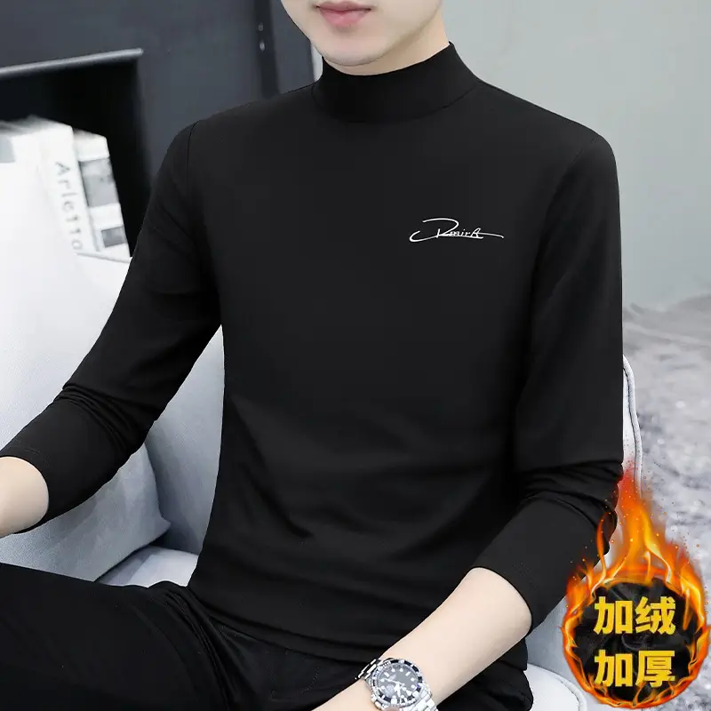 Men Navy Fleece Long Sleeve T-Shirt with Half-High Collar - Image 5
