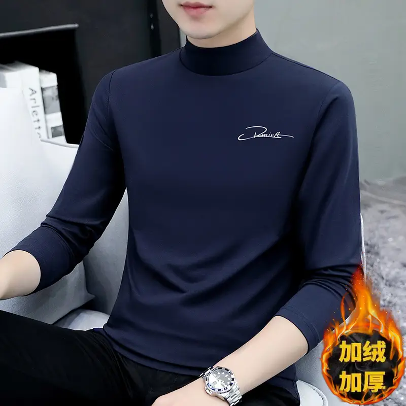 Men Navy Fleece Long Sleeve T-Shirt with Half-High Collar - Image 6