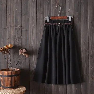 Women's Black A-Line Skirt Mid-Length Belted Summer - Image 2