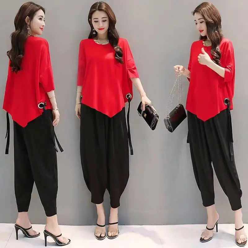 Women Red Loose Fit Wide Leg Pants Set - Image 5