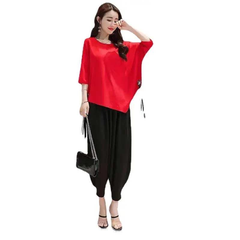 Women Red Loose Fit Wide Leg Pants Set - Image 8