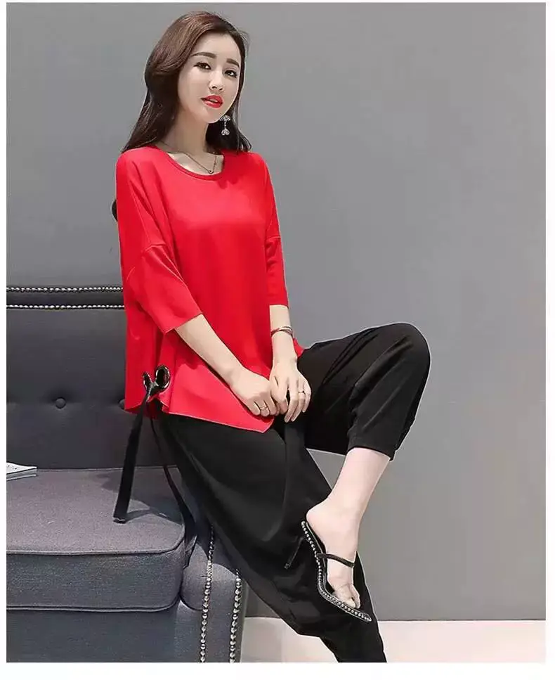 Women Red Loose Fit Wide Leg Pants Set — feature 10