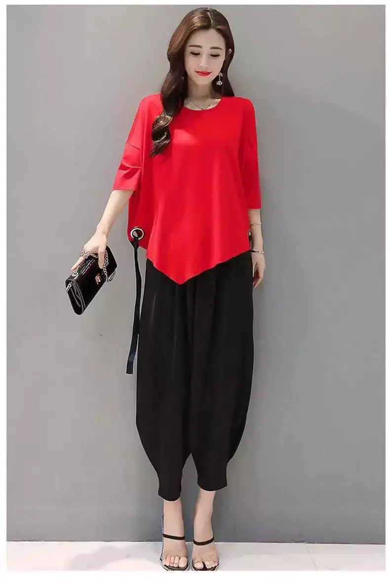 Women Red Loose Fit Wide Leg Pants Set — feature 11