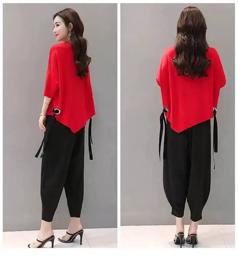 Women Red Loose Fit Wide Leg Pants Set — feature 12