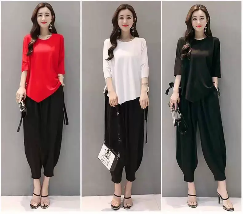 Women Red Loose Fit Wide Leg Pants Set — feature 9