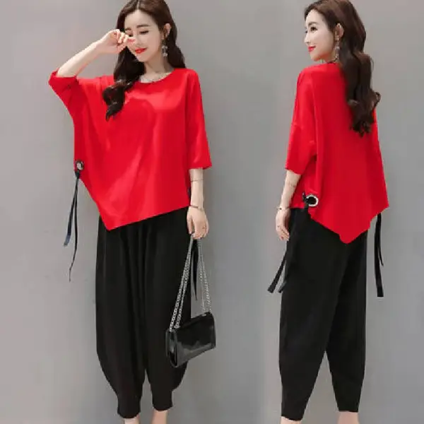 Women Red Loose Fit Wide Leg Pants Set - Image 2