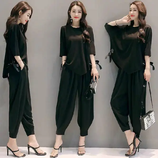 Women Red Loose Fit Wide Leg Pants Set - Image 3