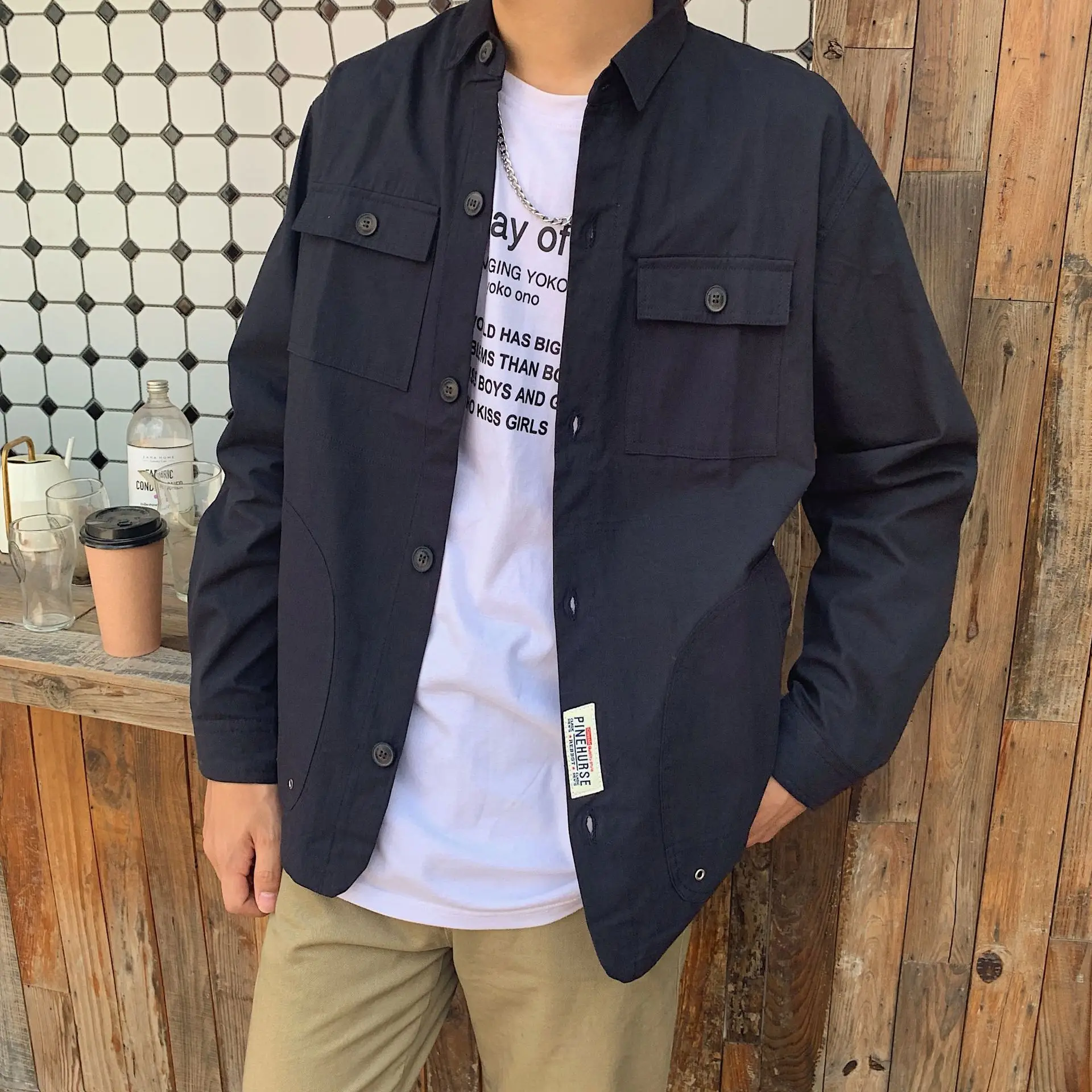 Men's Navy Blue Long-Sleeved Jacket with Retro Print