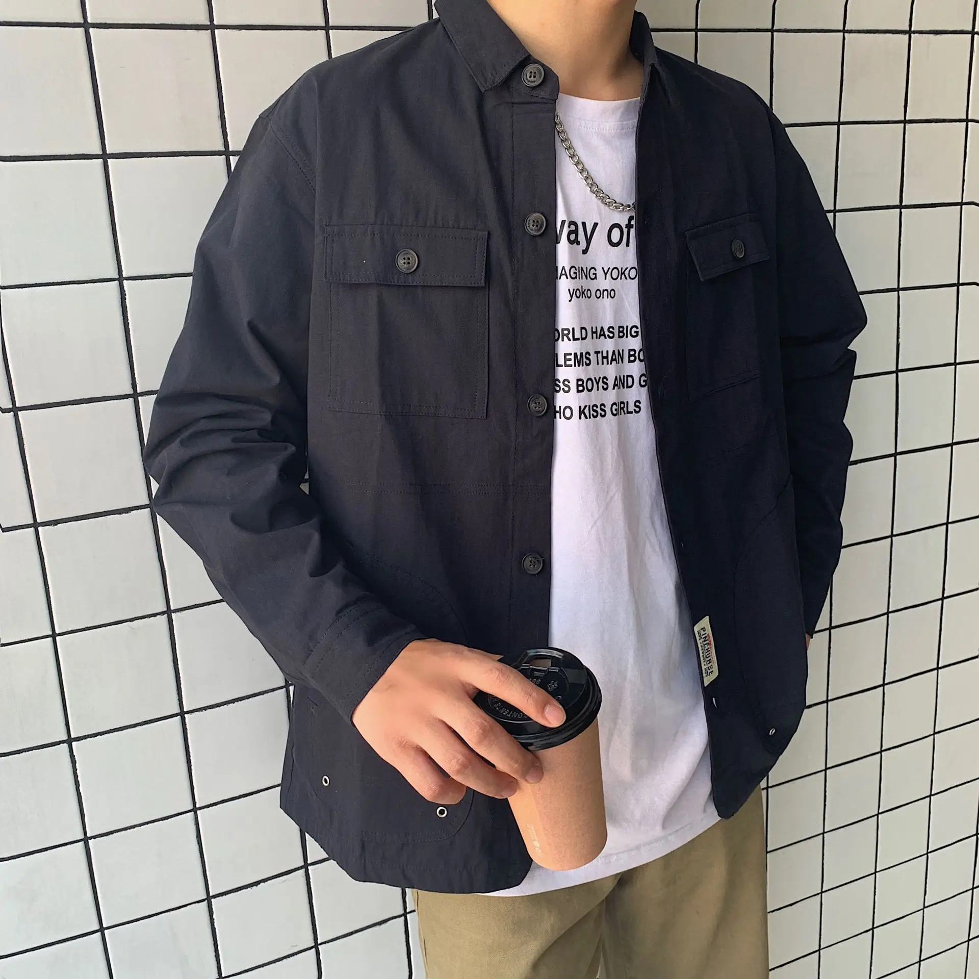 Men's Navy Blue Long-Sleeved Jacket with Retro Print