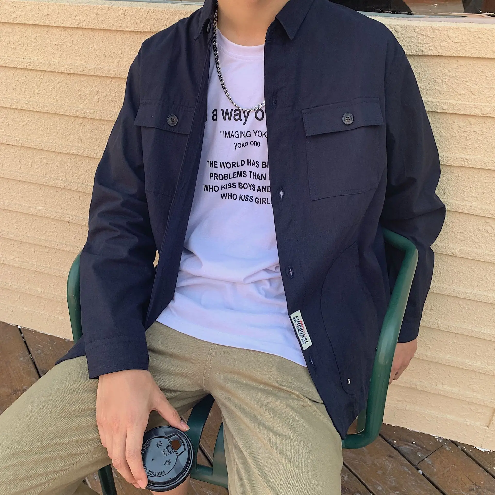 Men's Navy Blue Long-Sleeved Jacket with Retro Print
