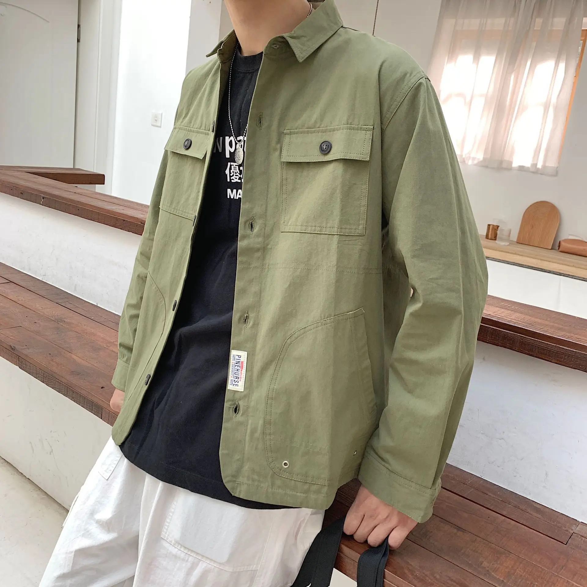 Men's Navy Blue Long-Sleeved Jacket with Retro Print