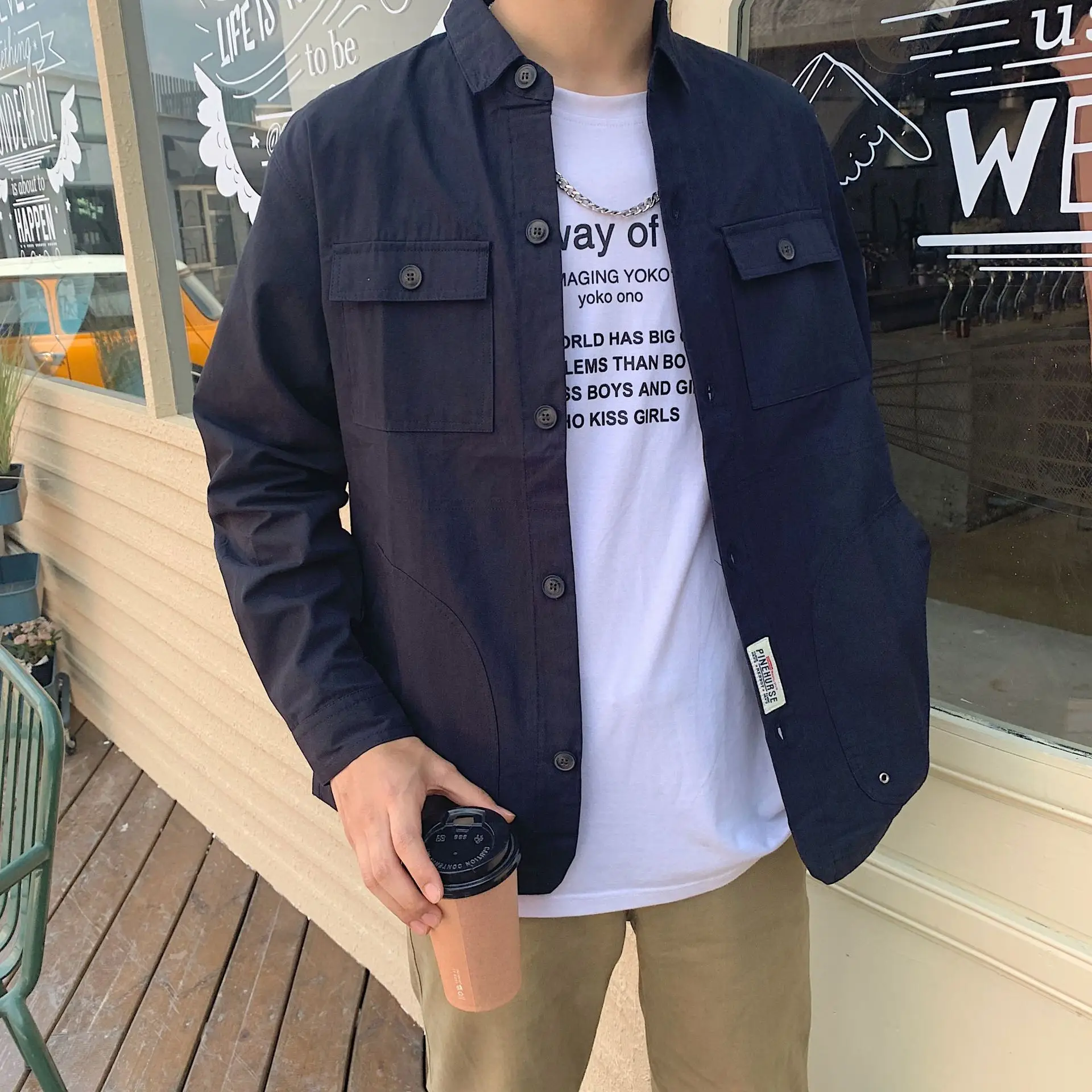 Men's Navy Blue Long-Sleeved Jacket with Retro Print