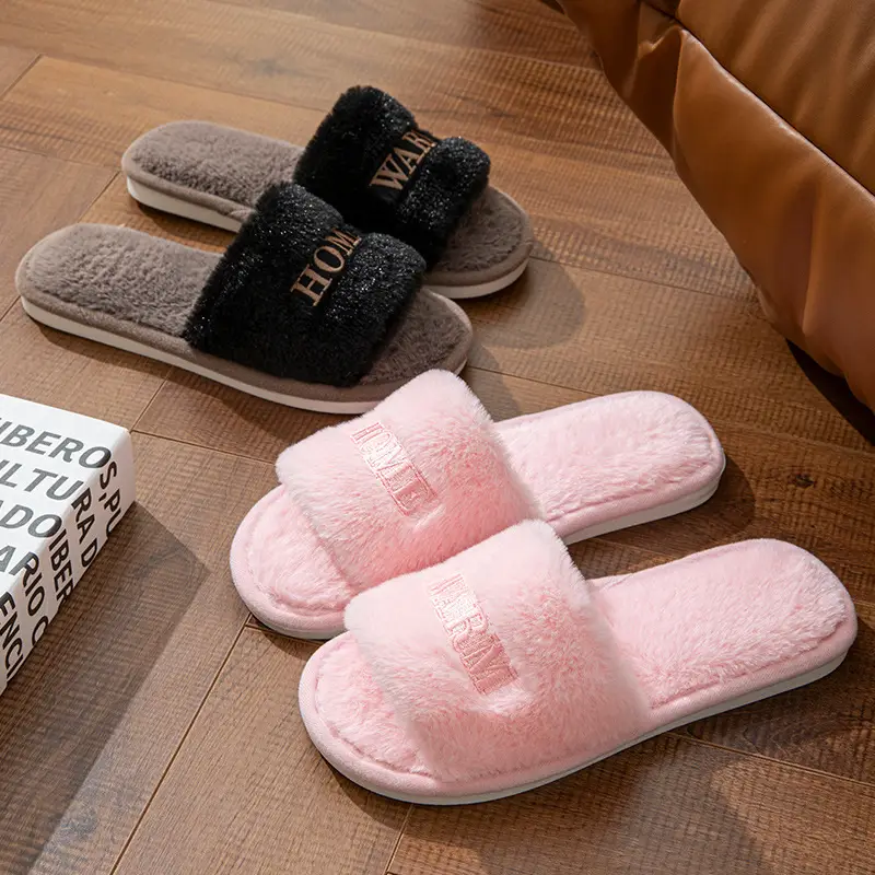 Autumn and Winter Chanel Style Letter Embroidered Cotton Slippers Women's Non-Slip Home Soft Bottom Ins Plush Moon Shoes