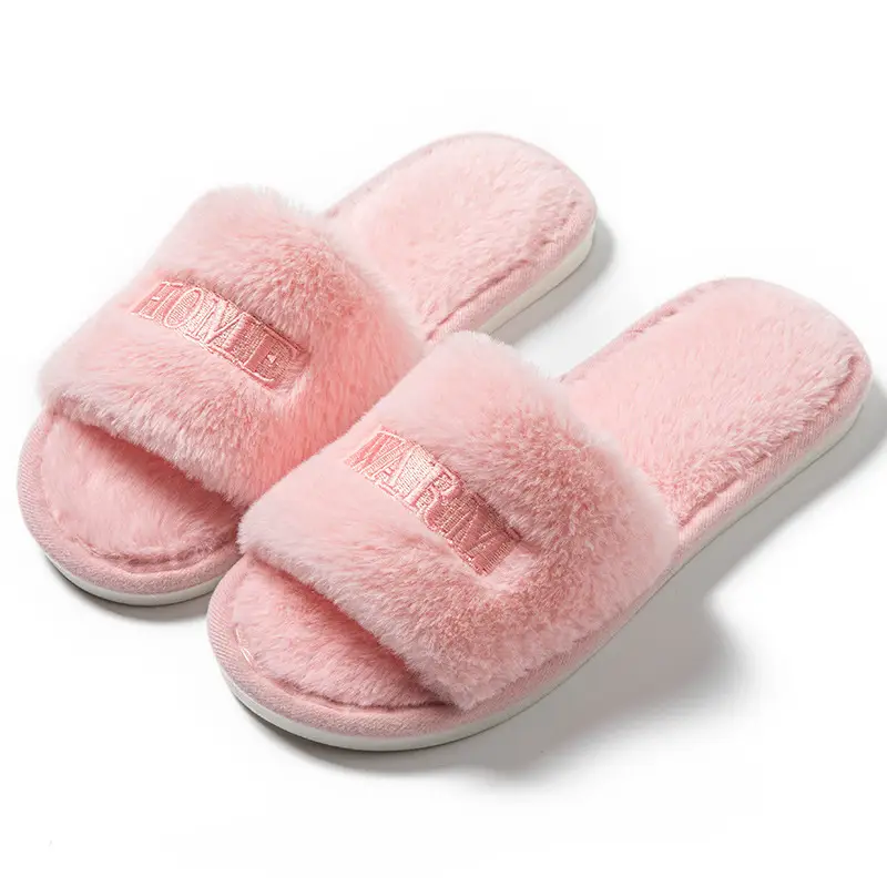 Autumn and Winter Chanel Style Letter Embroidered Cotton Slippers Women's Non-Slip Home Soft Bottom Ins Plush Moon Shoes