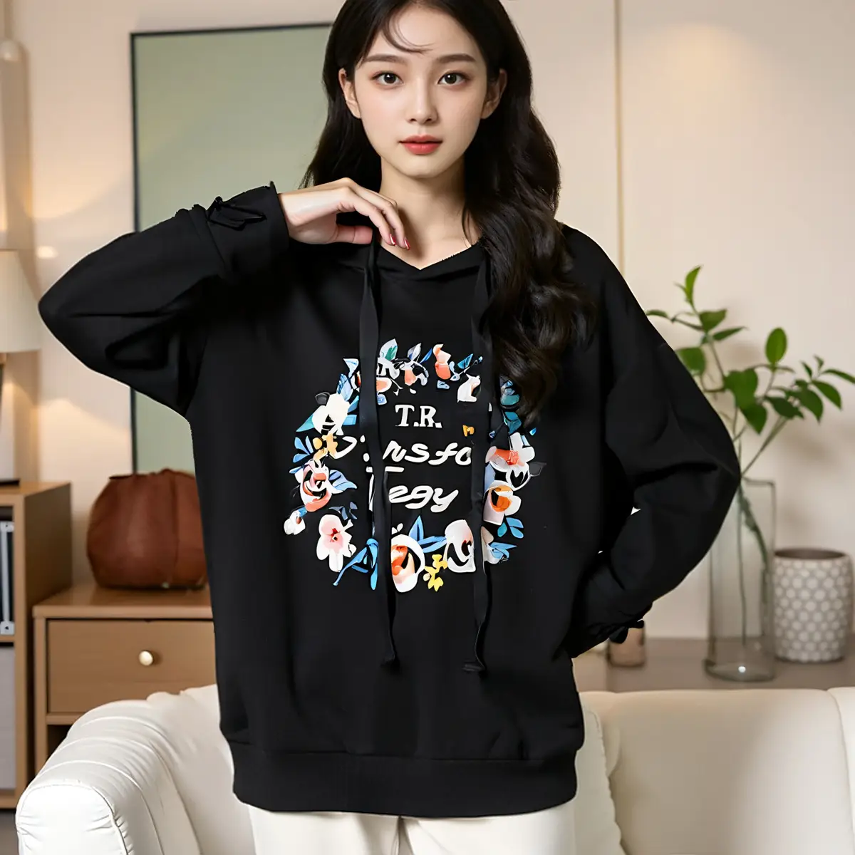 Black Printed Hooded Sweatshirt for Women Extra Large - Image 4