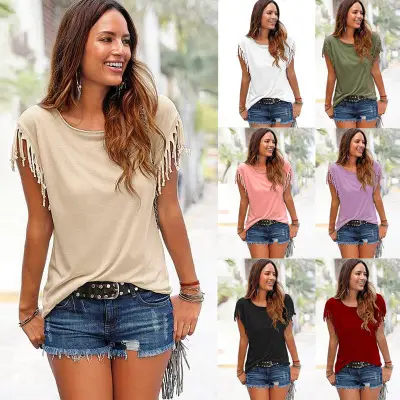 Women Black Tassel Knotted Top Short Sleeve Top