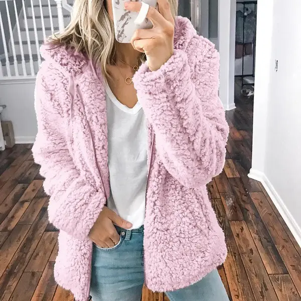 Qing 2020 New Winter Thick Plush Hooded Pants Sweatshirt Beige - Image 2