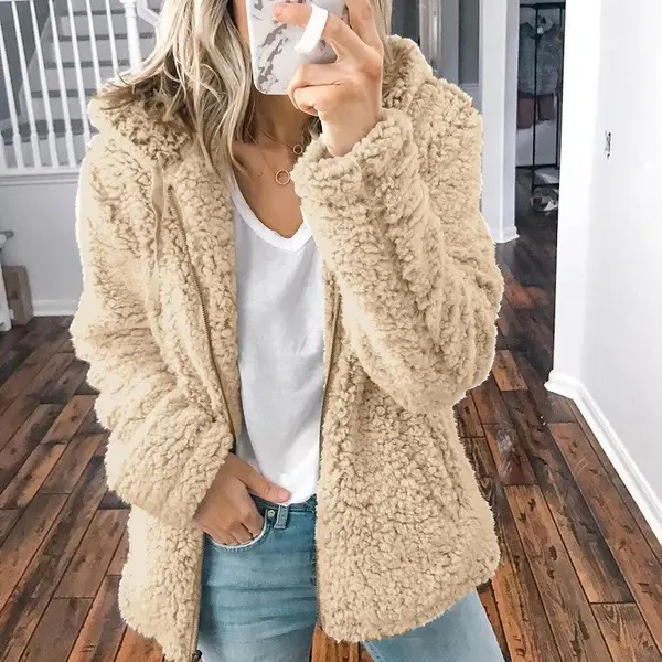 Qing 2020 New Winter Thick Plush Hooded Pants Sweatshirt Beige - Image 3