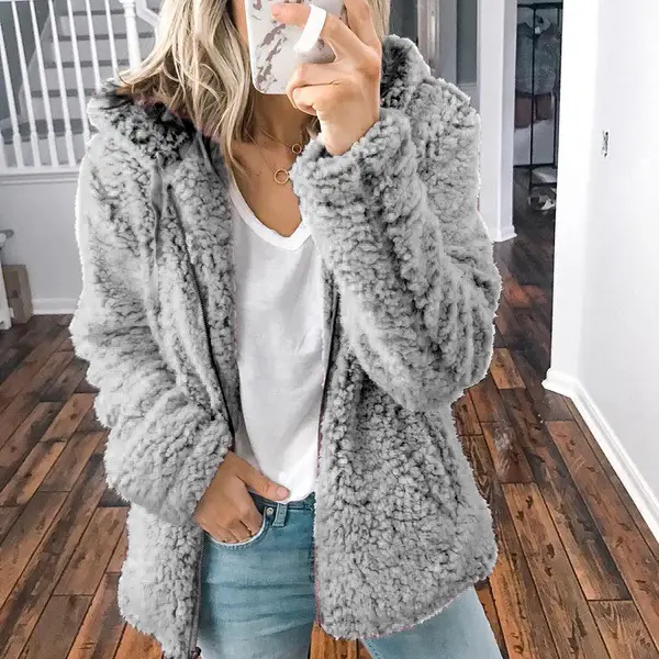 Qing 2020 New Winter Thick Plush Hooded Pants Sweatshirt Beige - Image 4