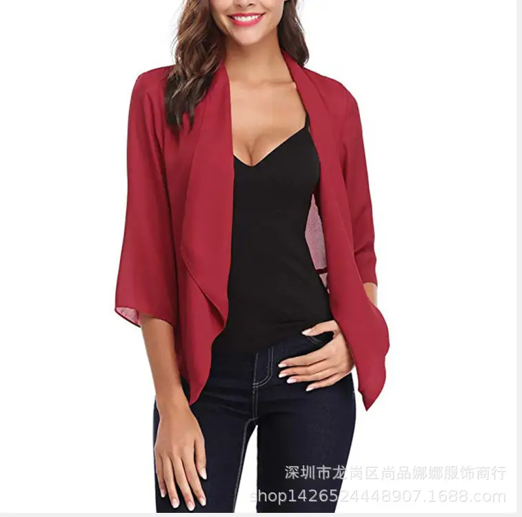 2021 Chiffon V-Neck Cardigan Jacket Blue Black - Image 5