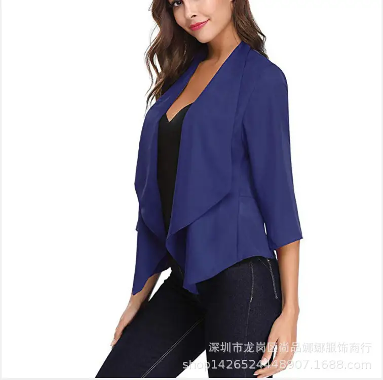 2021 Chiffon V-Neck Cardigan Jacket Blue Black - Image 2
