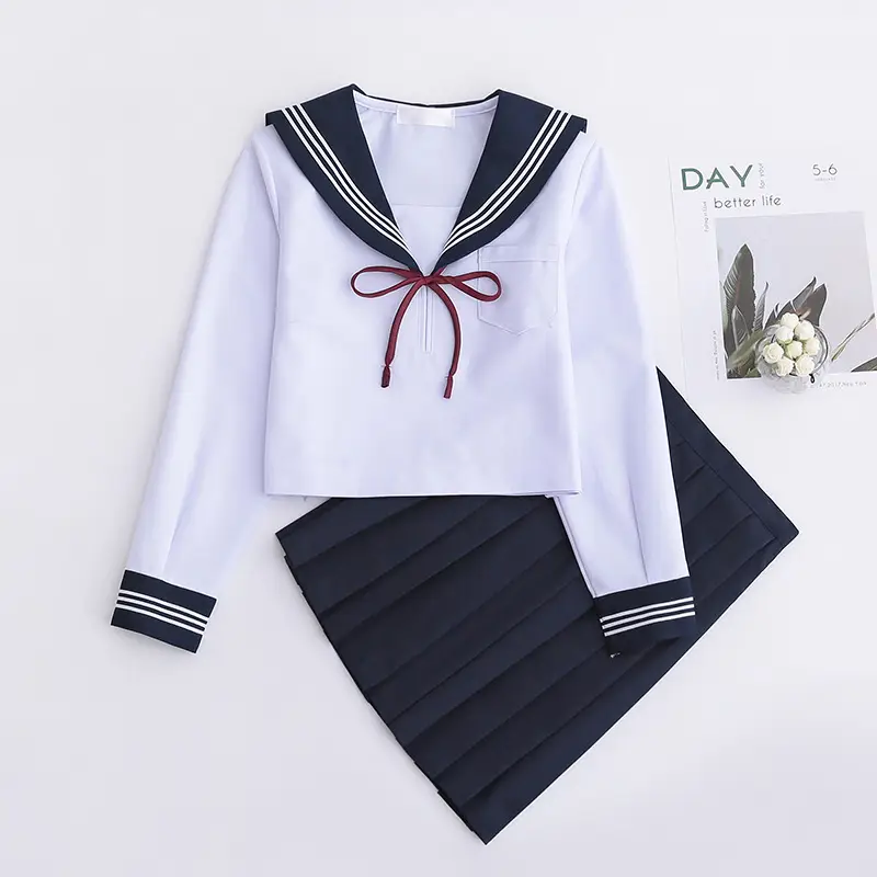 White Sailor Shirt with Red Bow & Black Skirt Set - Image 4