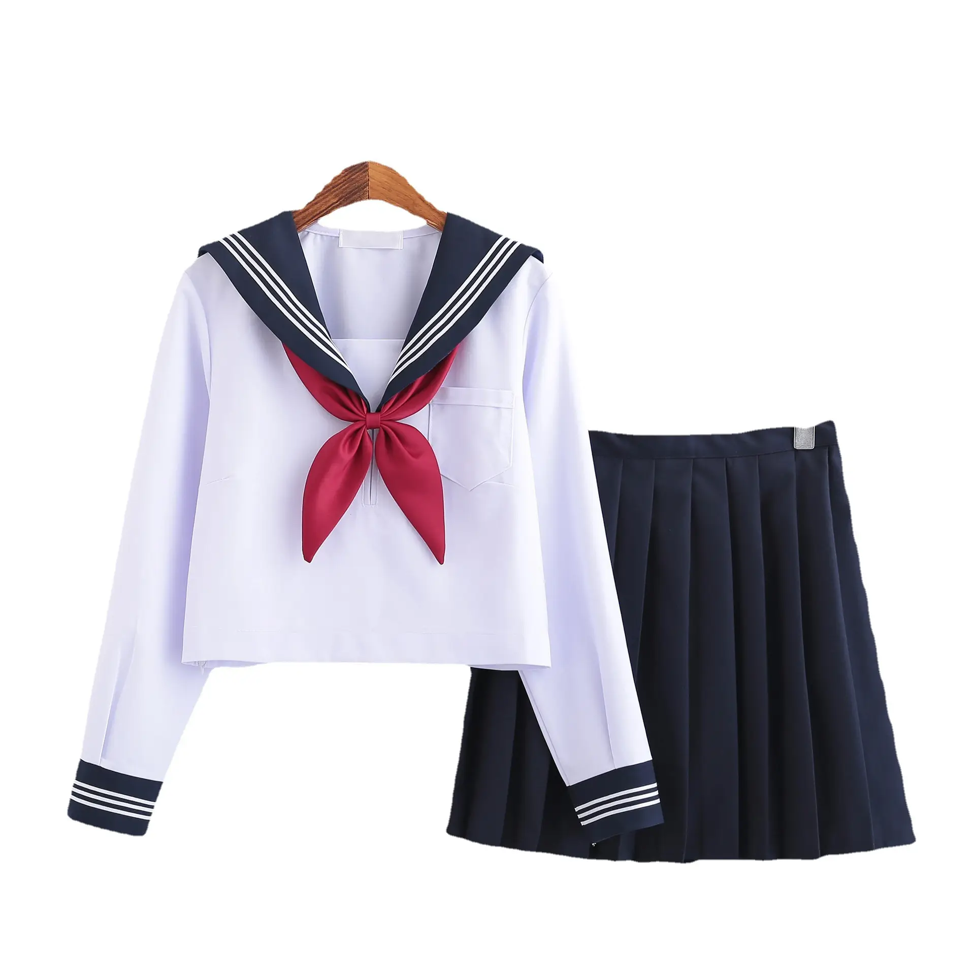 White Sailor Shirt with Red Bow & Black Skirt Set - Image 5