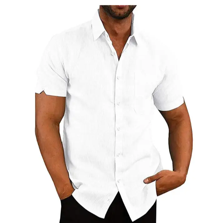 Men Linen Button Shirt Short Sleeve Summer Lapel