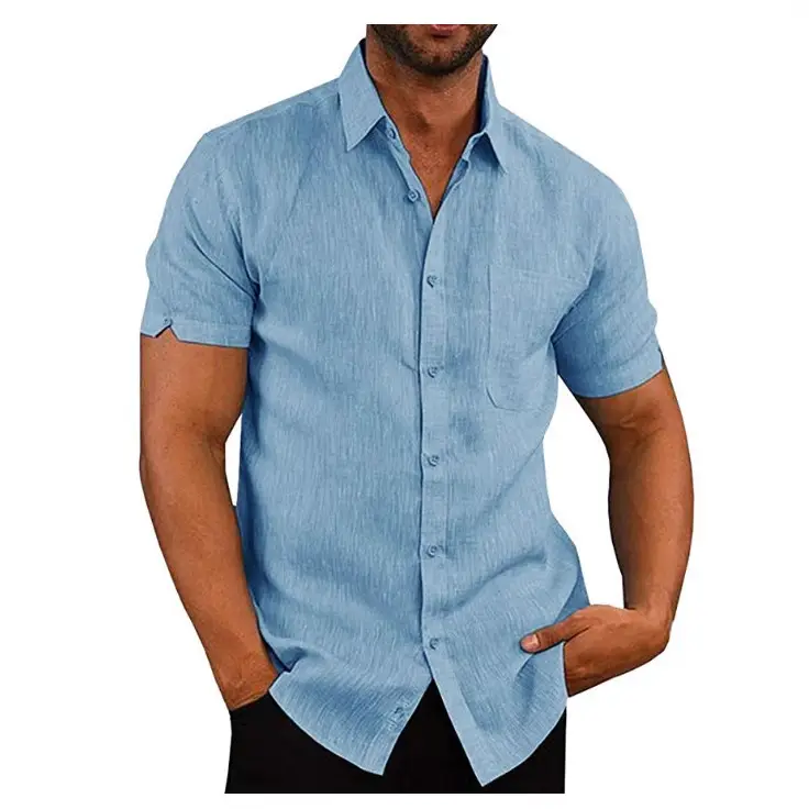 Men Linen Button Shirt Short Sleeve Summer Lapel