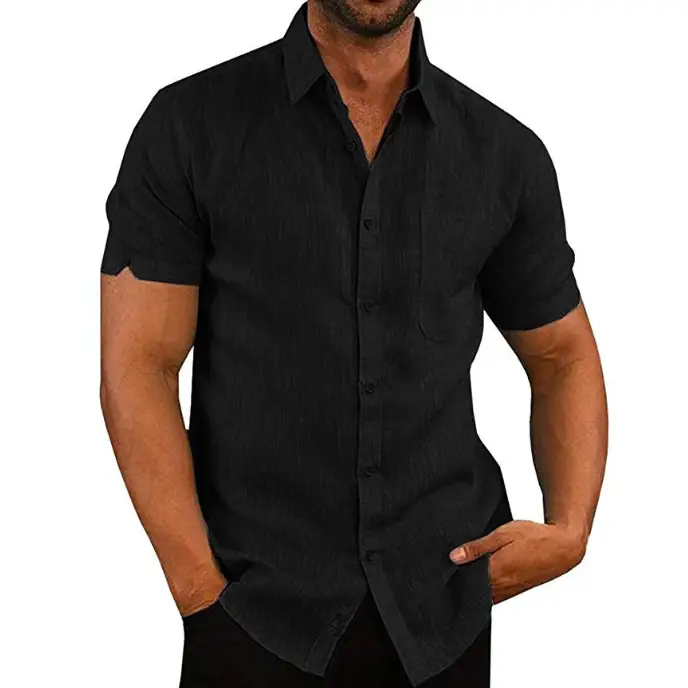 Men Linen Button Shirt Short Sleeve Summer Lapel
