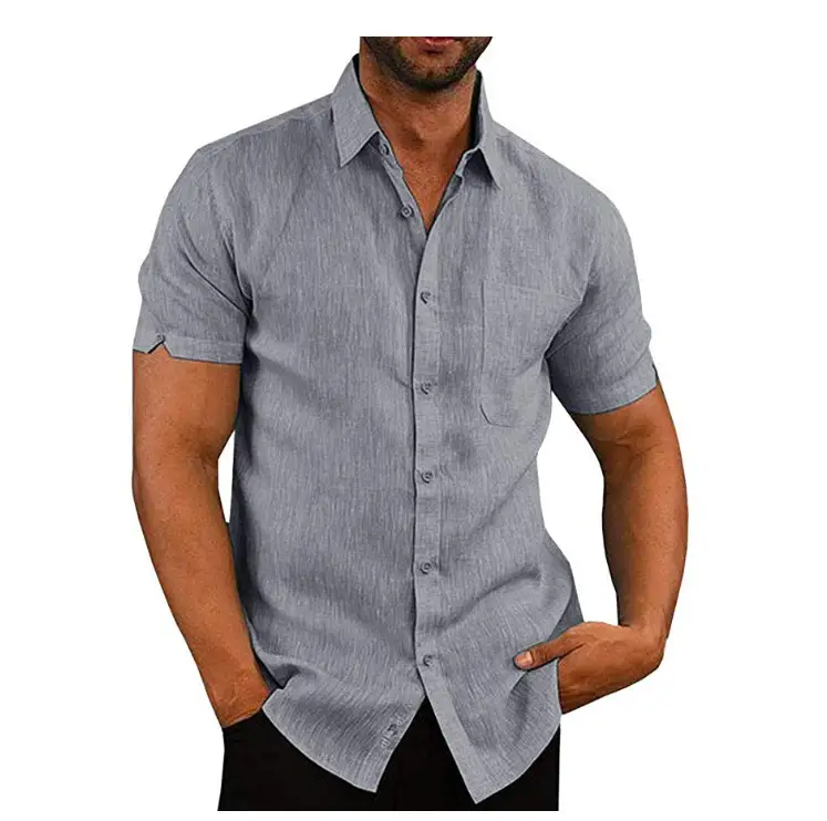 Men Linen Button Shirt Short Sleeve Summer Lapel