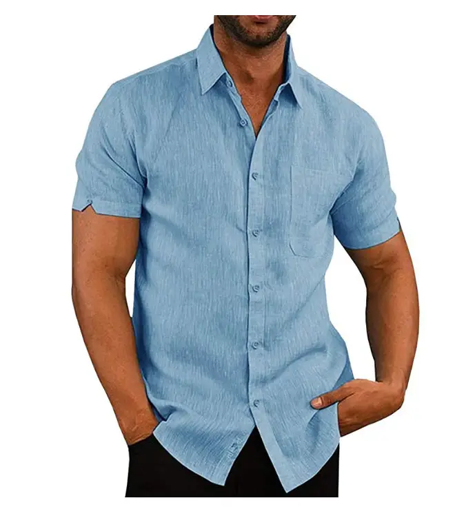 Men Linen Button Shirt Short Sleeve Summer Lapel
