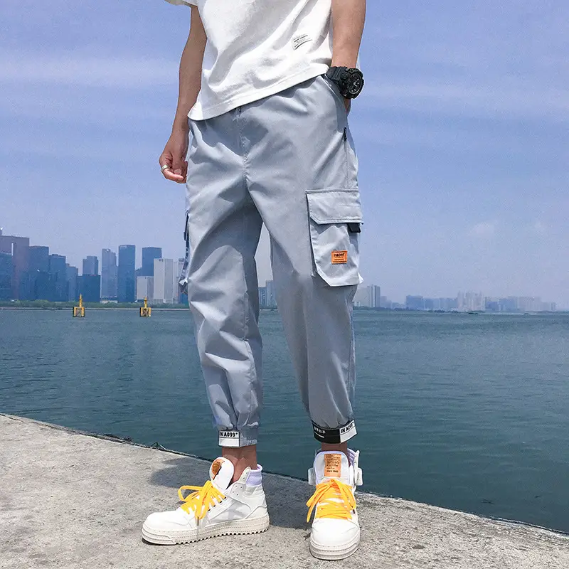 Men Grey Cropped Cargo Pants with Elastic Cuffs