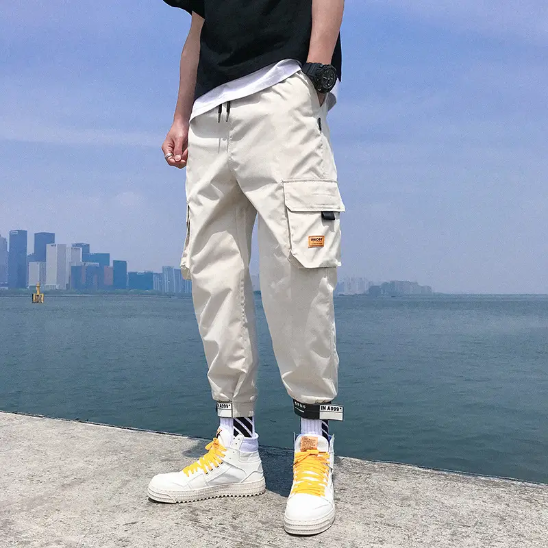 Men Grey Cropped Cargo Pants with Elastic Cuffs