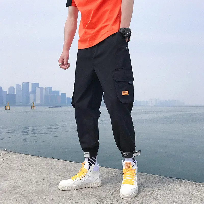 Men Grey Cropped Cargo Pants with Elastic Cuffs