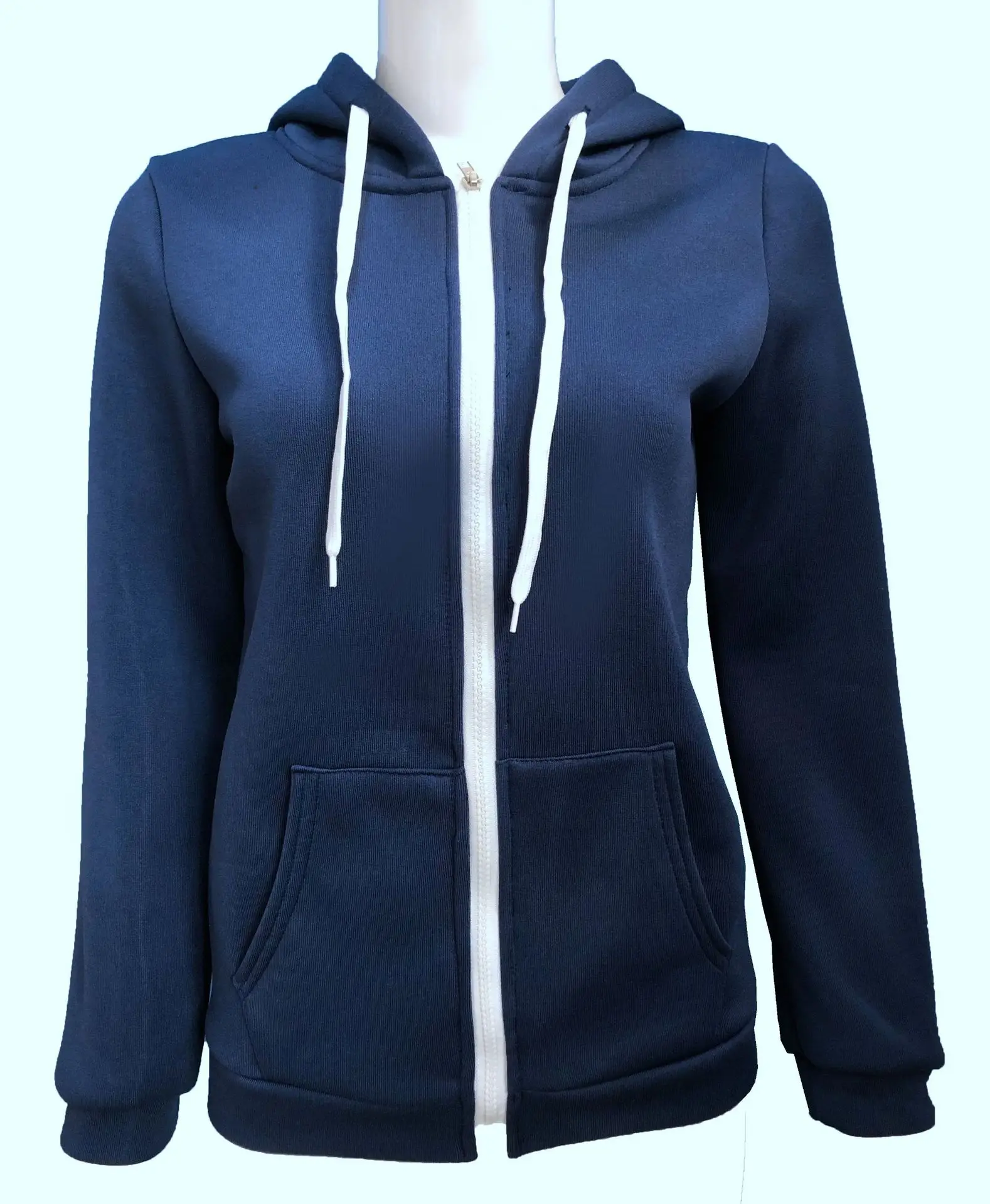 Women Hot Style Zipper Hoodie Navy Blue Long Sleeve - Image 2