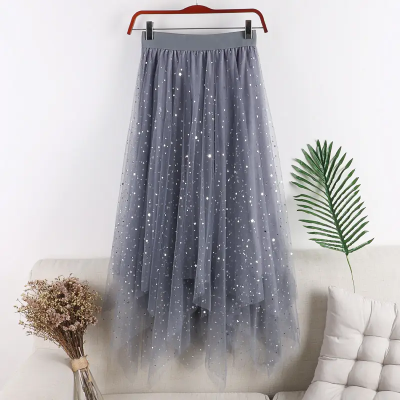 Women Sequined Mesh Skirt High Waist Asymmetrical