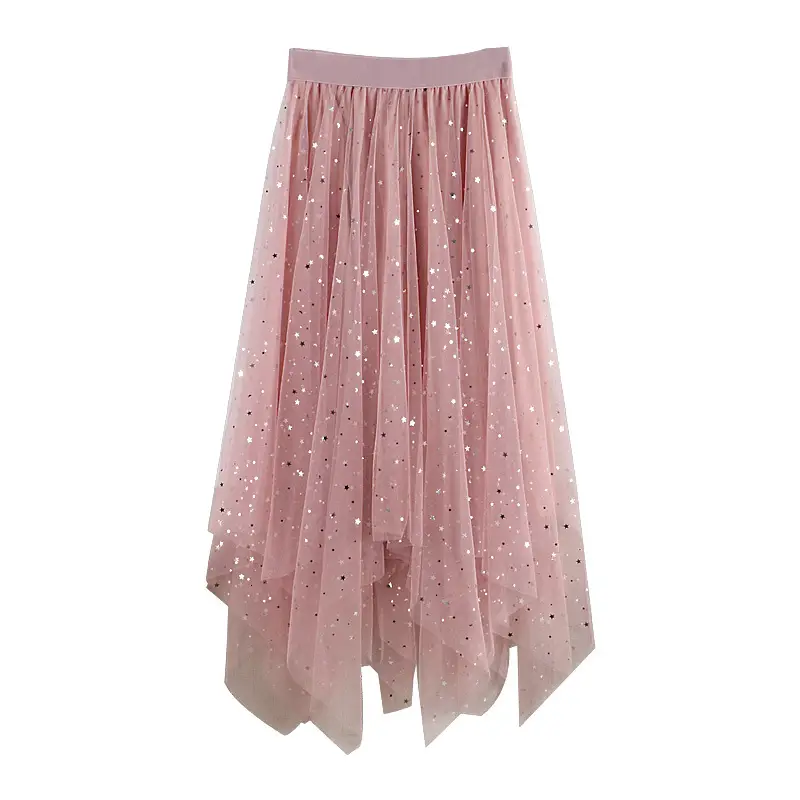 Women Sequined Mesh Skirt High Waist Asymmetrical