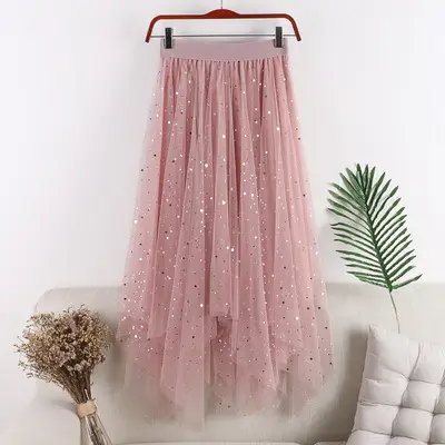 Women Sequined Mesh Skirt High Waist Asymmetrical