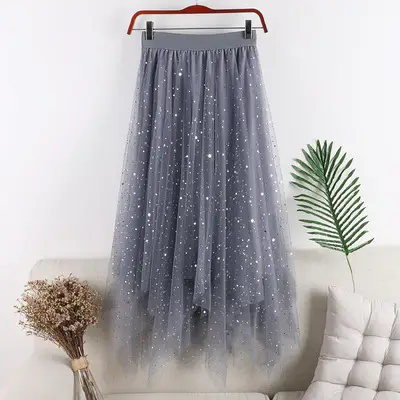 Women Sequined Mesh Skirt High Waist Asymmetrical