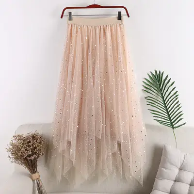 Women Sequined Mesh Skirt High Waist Asymmetrical