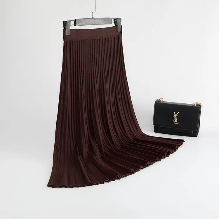 Brown Knitted Pleated Skirt for Women Large Swing Slimming - Image 2