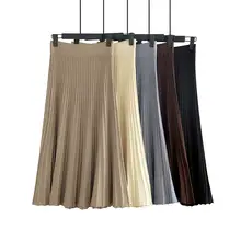 Brown Knitted Pleated Skirt for Women Large Swing Slimming — feature 10