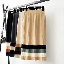 Brown Knitted Pleated Skirt for Women Large Swing Slimming — feature 11