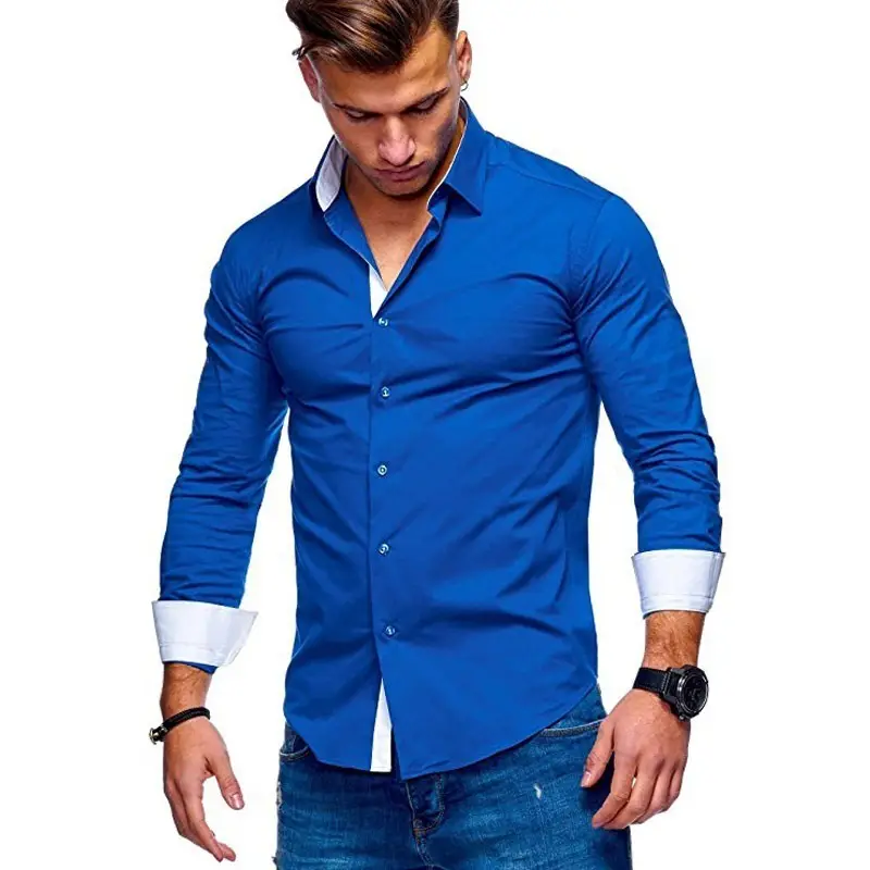 Men's Royal Blue Button Down Shirt with White Cuff Details - Image 3