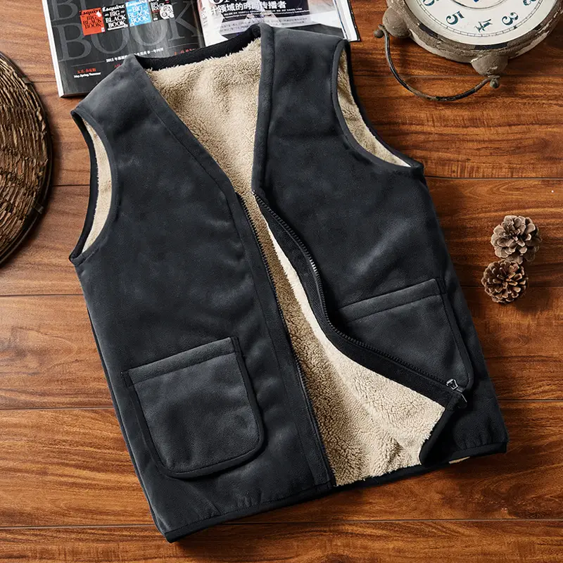 Winter Men Velvet Waistcoat Vest with Fleece Lining Beige - Image 5