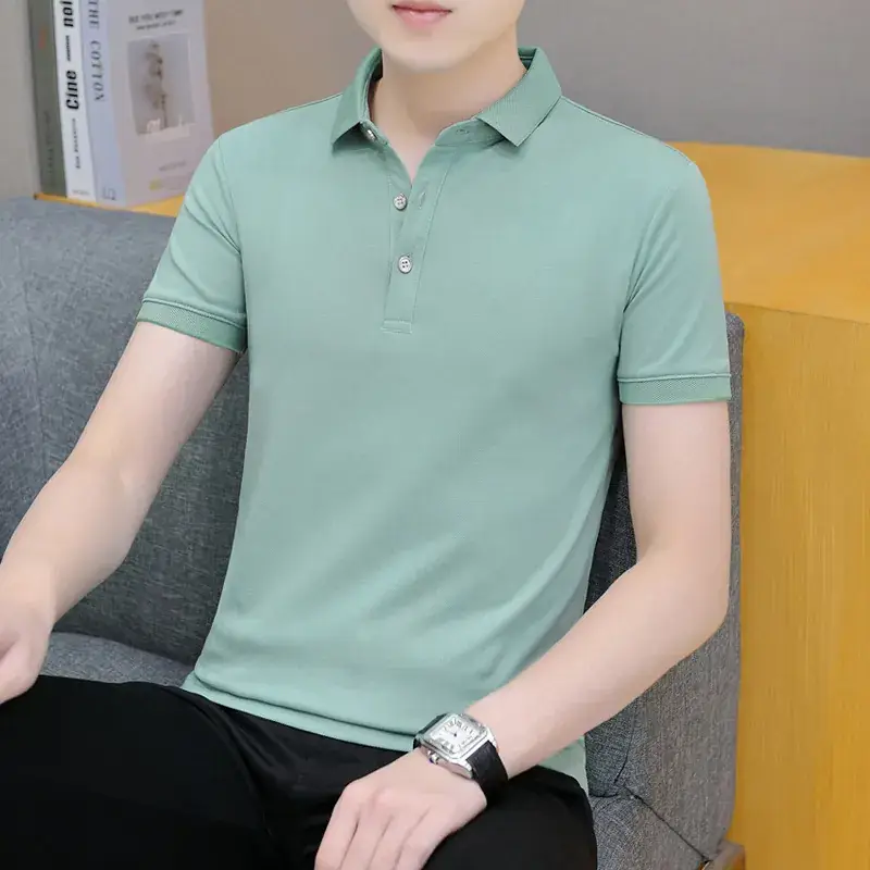 Men Green Polo Shirt Short Sleeve White Trim