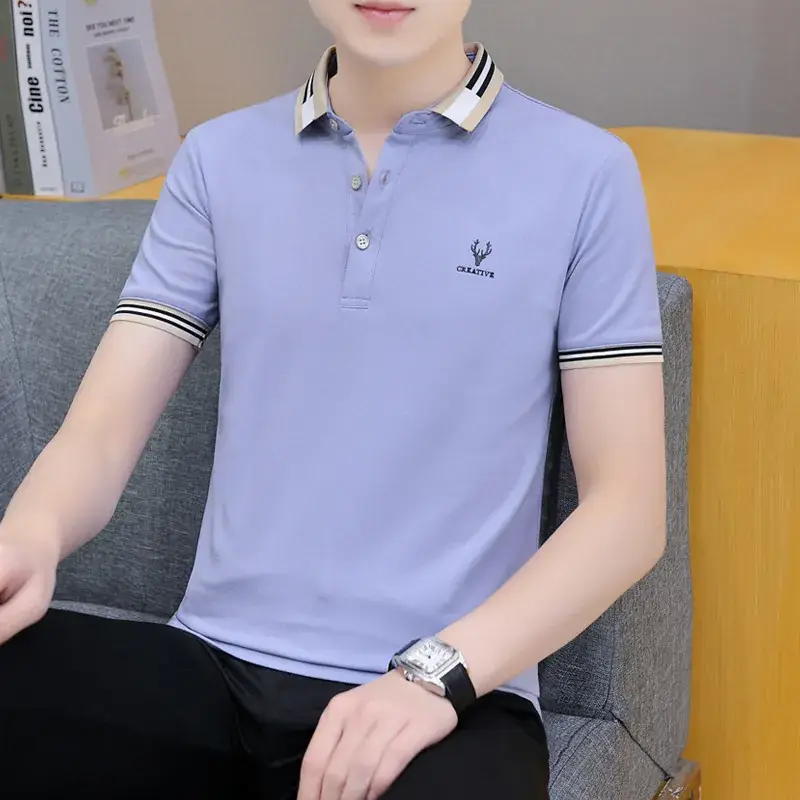 Men Green Polo Shirt Short Sleeve White Trim
